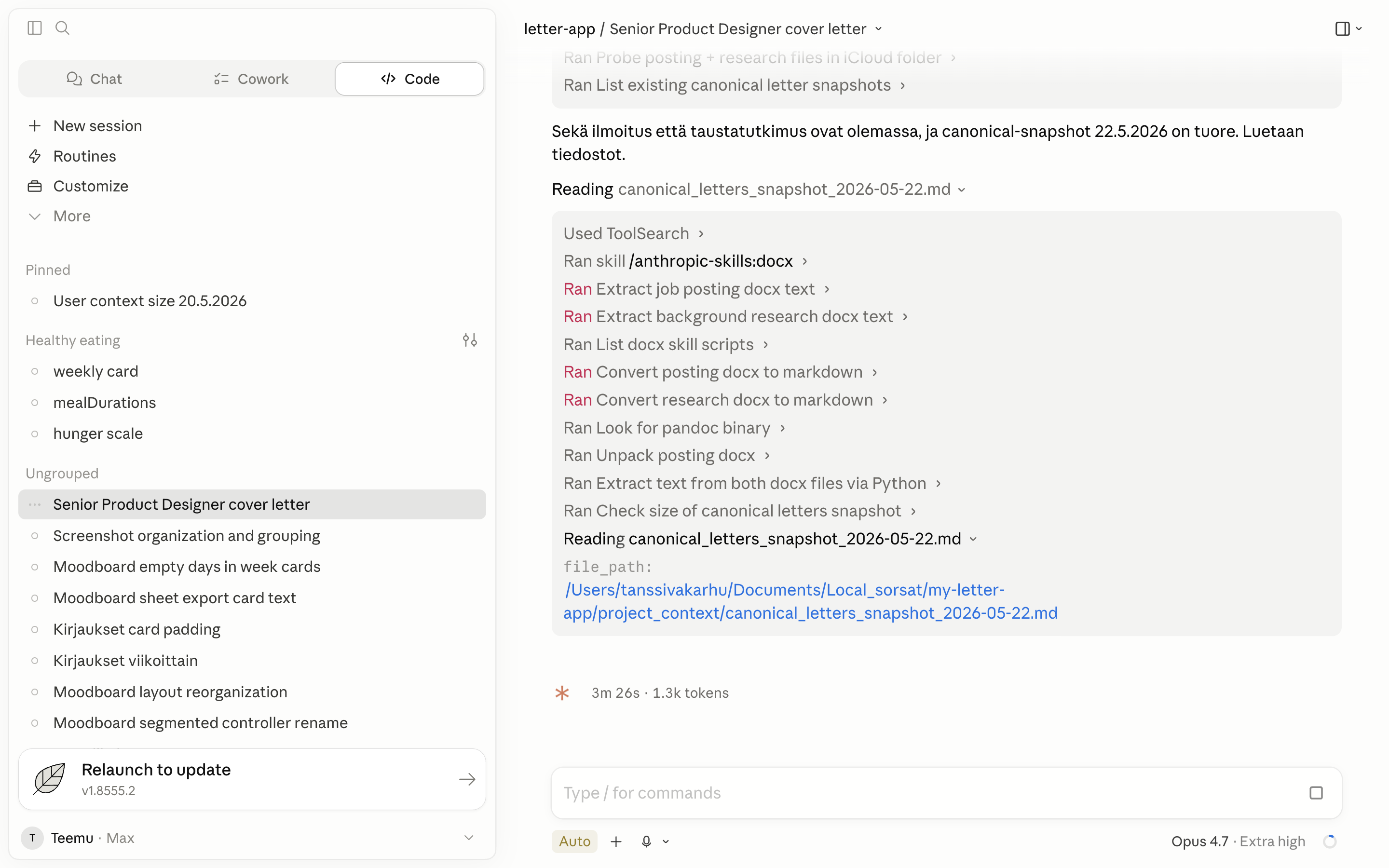 Agent reading job posting and canonical letters before starting